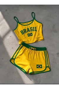 Kadın Brasil Baskılı Askılı Crop Top Ve Şortlu İkili Takım